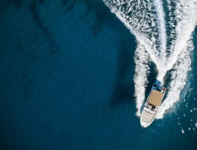 Speed boat in mediterranean sea, aerial view